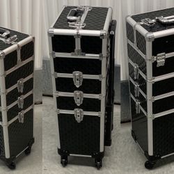 🎳  1  CAMORSA 4 in 1 Professional Makeup Train Cases Large Storage Cosmetic Case, BLACK... Value $110