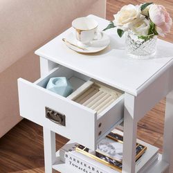 New Set of 2 Tall 23” White Nightstand Bedside Table with Drawer and Storage Shelf Bedroom Living Room