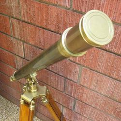 RARE Large Vintage M.Q.P. Nautical Brass and Wood Tripod Telescope

