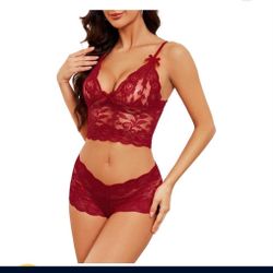 Lilosy Sexy Sheer Floral Lace Pajamas Lingerie Set High Waist Sleepwear Bra and Panty 2 Piece