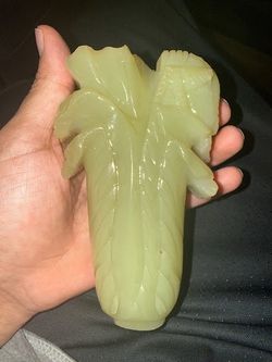 Vintage Carved Green Stone Cabbage Statue w/ Wood Stand (22oz)