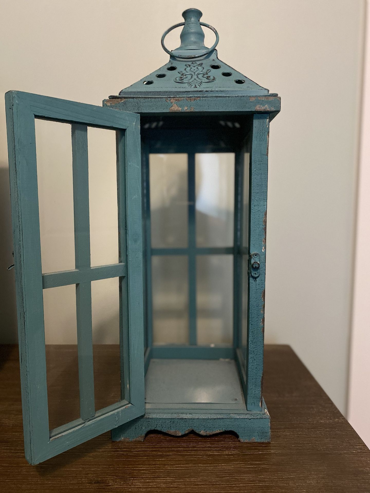 Teal wood and Glass Shabby Chic Lantern