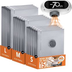 New-Travel Vacuum Bags with Wireless Pump, 15 Pack Vacuum Storage Bags with Powerful -70KPa Suction, for Maximum Compression in Luggage, Travel and Ho