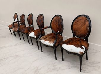 Set of 6 Vintage Louis XVI Genuine Brindle Hair-on-Hide Dining Chairs | Hand-placed Nailhead Trim | 2arm/4side