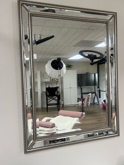 Large Wall Mirror Silver Beaded Frame