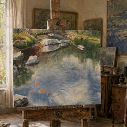 Original Fine Art Vintage Koi Fish Pond Impressionist Painting Artist Signed 24” HAND PAINTED Landscape Claude Monet Inspired Collectible  HILLCREST