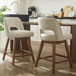 27" Swivel Bar Stools Set of 2, Faux Leather Counter Height Bar Stools with Backrest and Walnut-Colored Wood Legs, Upholstered Barstools f