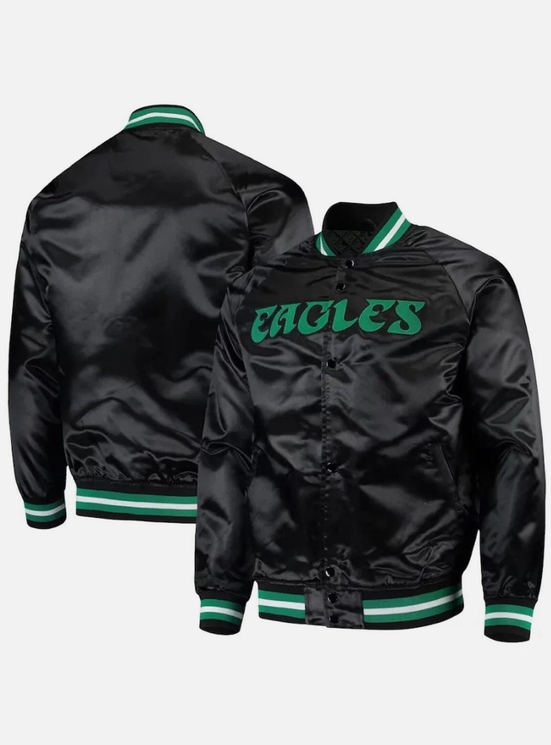 NEW Philadelphia Eagles Varsity Black Satin Jacket by Mitchell & Ness, Sticker Patch