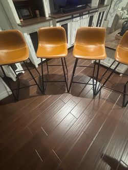 Set of 4 Tan Leather Bar Stools