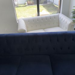 Navy Velvet and White Leather Sofas 