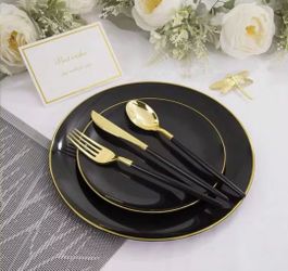 New 120 pieces Black and Gold Plastic Plate and Cutlery Set for 20 Guests