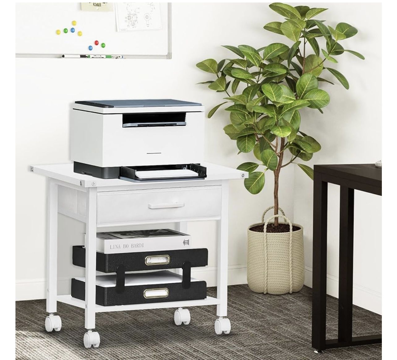 Under Desk Rolling Printer Stand with Drawer, 2-Tier Industrial Mobile Printer Table