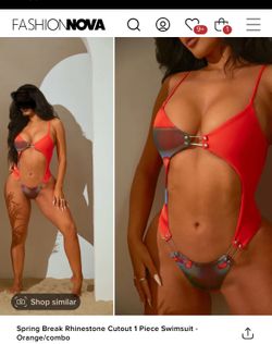 Spring Break Rhinestone Cutout 1 Piece Swimsuit - Orange/combo - Small