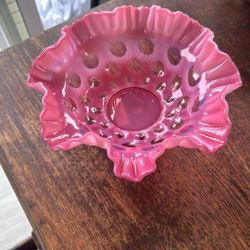 Vintage Cranberry Fenton Coin Dot Bowl