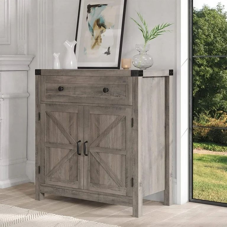 Coffee Bar Cabinet, Modern Farmhouse Buffet Sideboard with Drawer and Adjustable Shelf, Barn Door Storage Cabinet for Kitchen, Dining Room, Bathroom,