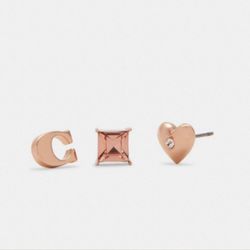 💕 COACH SIGNATURE AND PAVE HEART EARRINGS ROSE GOLD SET OF 3 💕