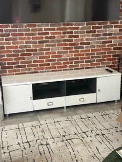 modern white & charcoal gray entertainment center / TV console.