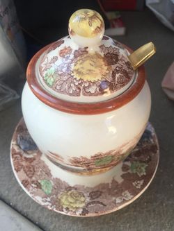 Jam/Jelly & Lid W/Attached Underplate & Spoon Mountain Woodland by NASCO (JAPAN)