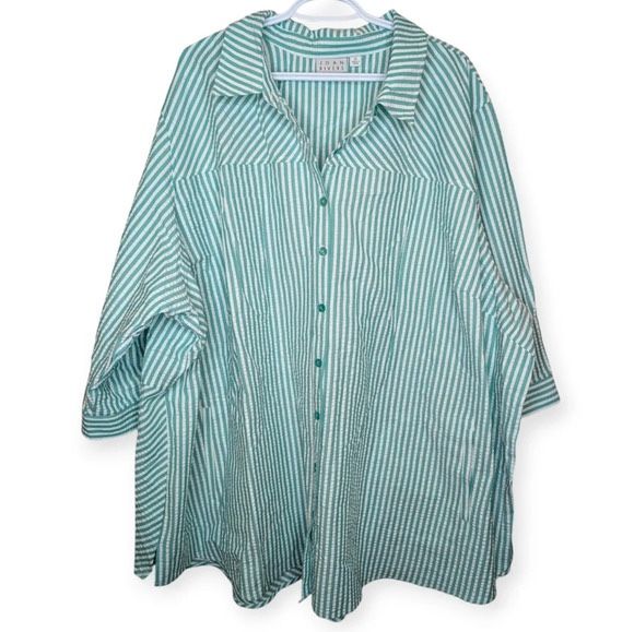 Joan Rivers Green White Striped Gauze Textured Sleeve Light Weight