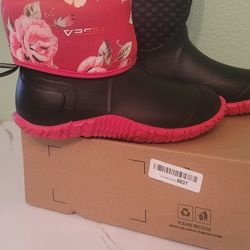 Hisea Women Rubber Garden Boots Size 9 - Black And Floral Pink