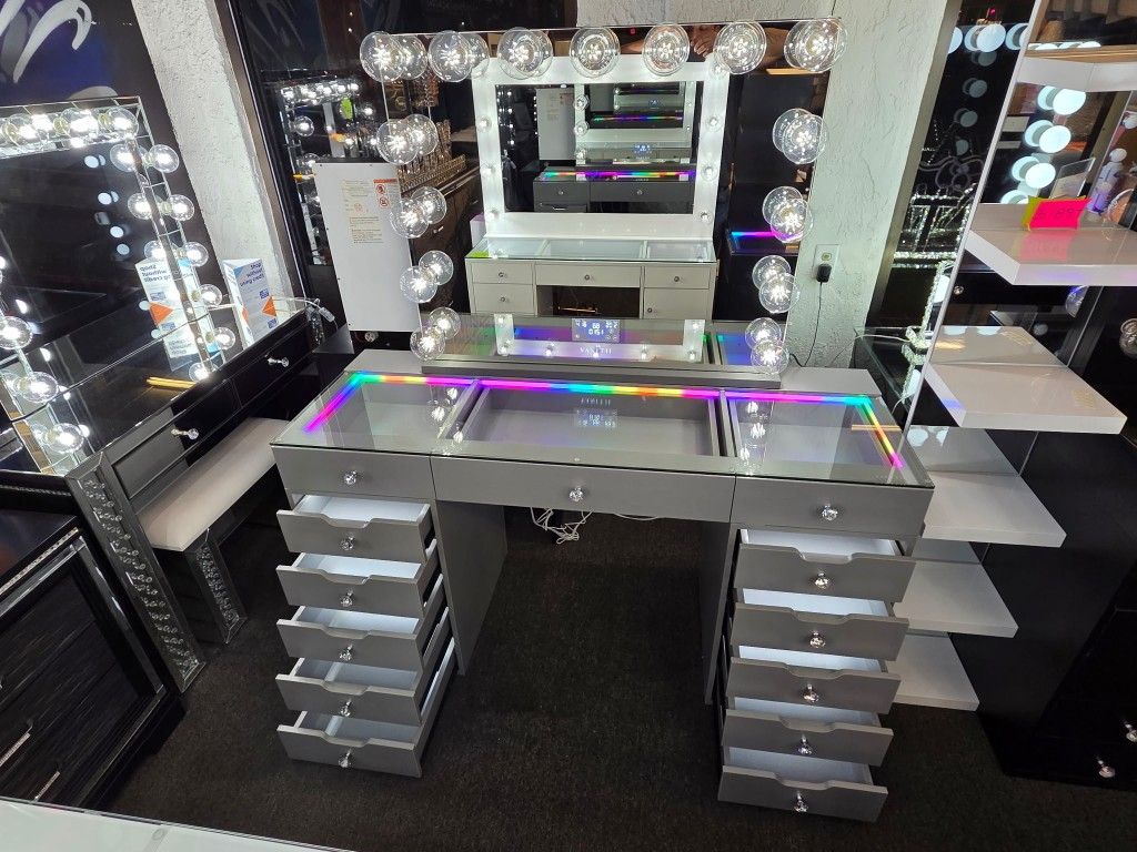 Brand New Vanity XL 13 Drawers RGB Light & LED Light Inside Drawers XL Hollywood Mirror W Bluetooth Speaker $799
