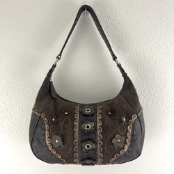 WILSONS LEATHER Dark Brown Suede Boho Floral Studded Slouchy Hobo Shoulder Bag