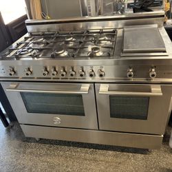 Stainless Steel Bertazzoni 48” Wide Gas Range Stove + Griddle
