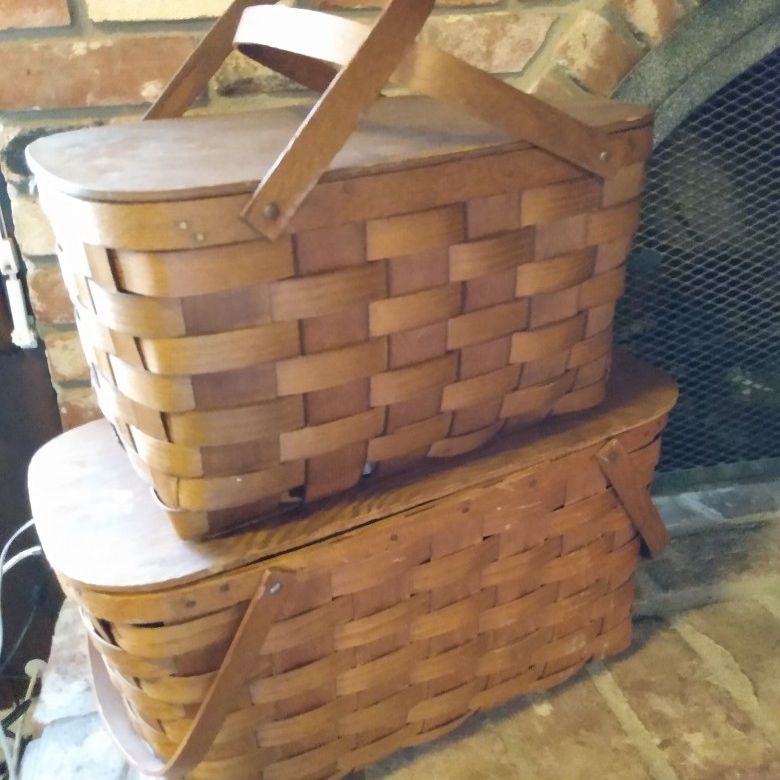 Set Of 2 Vintage Farmhouse Wooden Picnic Baskets