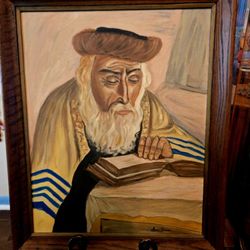 Vintage Oil Painting Depicting a Jewish Scholar Reading, Likely from the Torah. Judaica Artwork 28.5"×34.5"