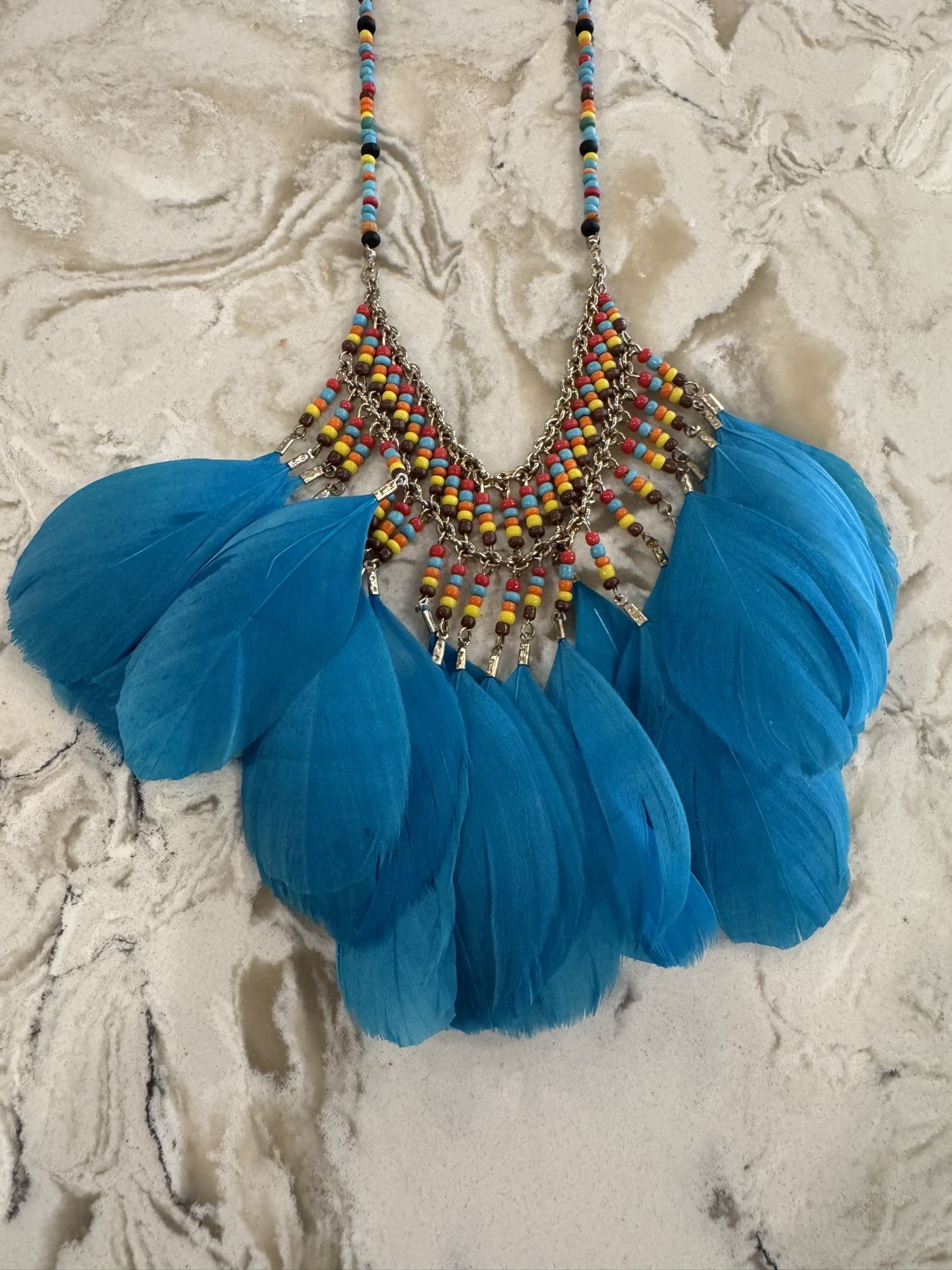 Vintage colorful bib necklace with turquoise feathers