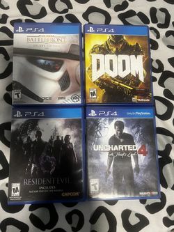 4 PS4 Game Lot Bundle: Uncharted 4, Doom, Resident Evil, Star Wars