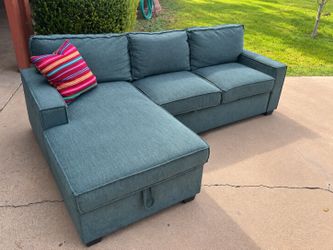 Teal Blue Sectional Pull-Out Sofa Couch With Chaise And