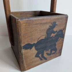 Handmade Wooden Cowboy Basket Caddy Wine Bottle Carrier Rustic Caddy w/ Handle