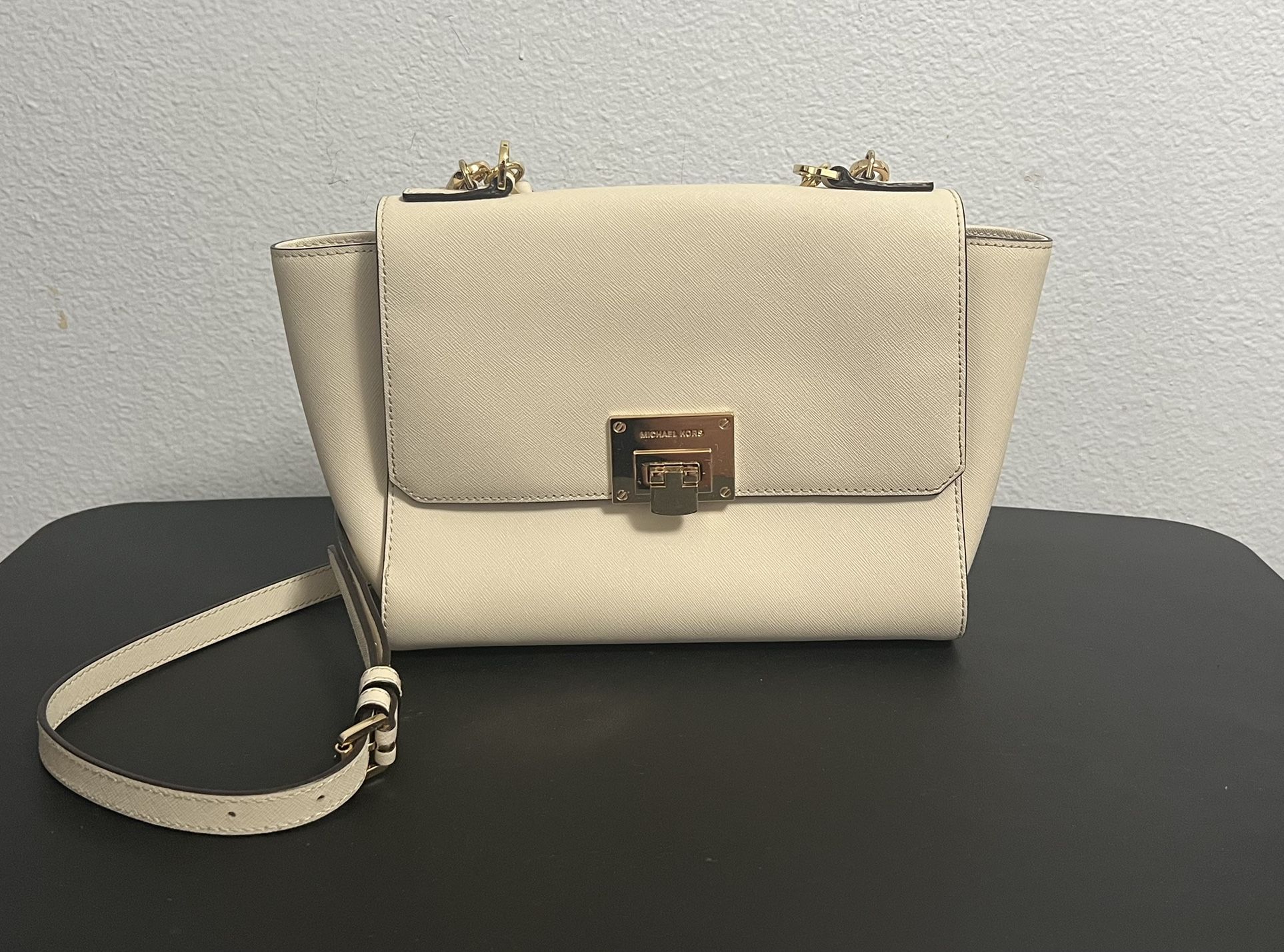 Michael Kors: Tina Medium Ecru Saffiano Leather Satchel Shoulder Bag OX-1702 (Cream)