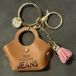 Rosebullet Designer Brown Leather Purse Keychain With Pink Tassel In Gold
