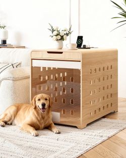Dog Crate Furniture with Charging Station Large Kennel Indoor with Flip-up Hidden Acrylic Door up to 110lb Wood Pet End Side Table Cage, Oak