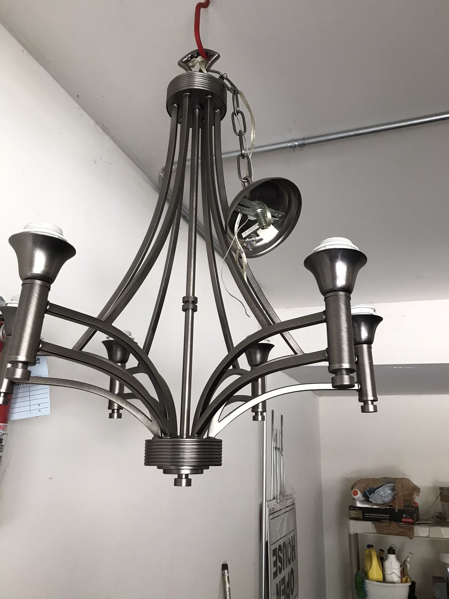 6 light brushed chrome chandelier- excellent