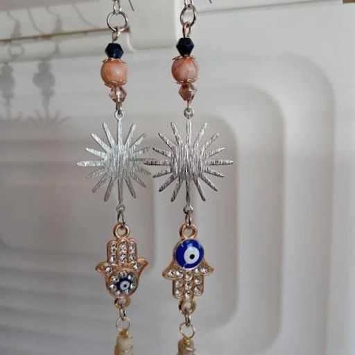 Tarnish Resistant Silver Plated Brass Sunburst Earrings with Irregular Hamsa Earrings