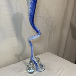 Vintage 18.5" Polish Art Glass Twisted Spiral Vase - Hand Blown Blue/White