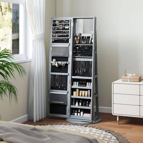 Gray 360° Swivel Jewelry Armoire, Lockable Jewelry Cabinet with Full-Length Mirror, Storage Shelves