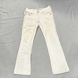 Miss Me Bootcut White Denim Jeans Embroidered Rhinestone 5-Pocket Button Accent