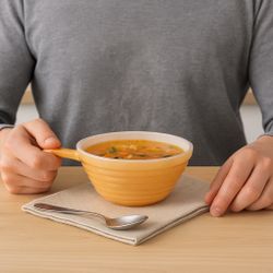 Fire-King USA 1950s Peach Lustre Beehive Handled Soup Bowl, 5x2.5”