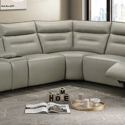 Brand New Grey Top Grain Leather Power Reclining Sectional Sofa 