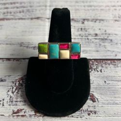 Vintage Modern Turquoise Statement Ring 925 Sterling Silver 7 Size Multi Color