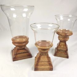 VINTAGE SOUTHERN LIVING AT HOME 3PC LARGE GLASS HURRICANE CANDLE HOLDER SET BROWN DISTRESSED FINISH