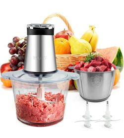 2X12-cup bowls 800W Electric Food Processor with LED timer. 3-Tiered 6 Cutting Edges blade for mincing, chopping, Ideal as meat grinder, fresh vegetab