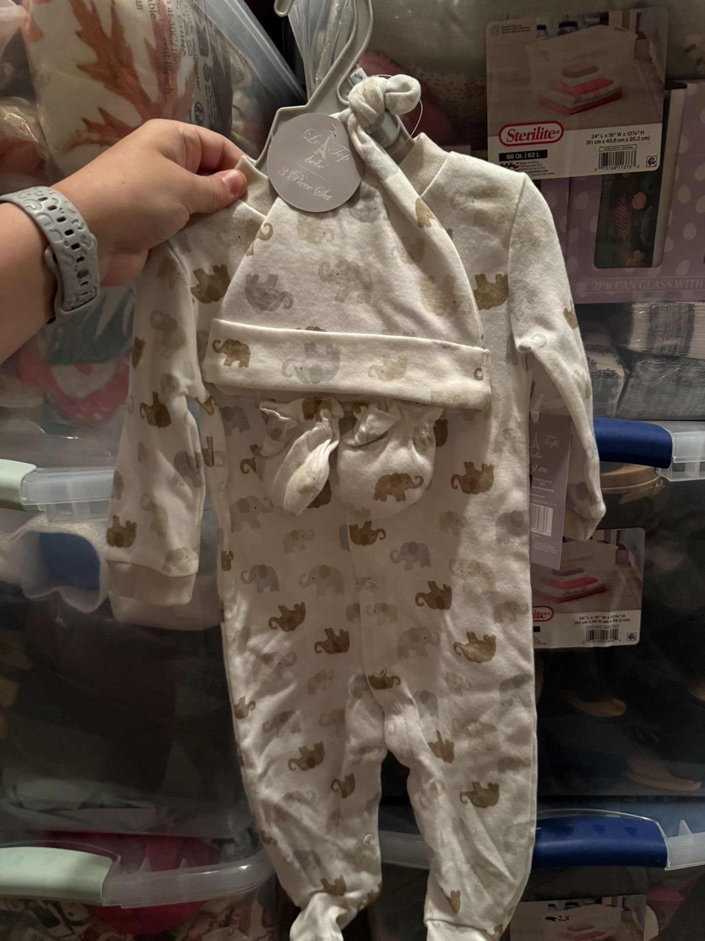 New Unisex Baby Size 6/9 Months 3 Piece Sleeper Hat Mitten Set