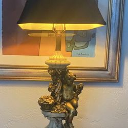 Antique Cast Stone Cherub Cupid Table Lamp