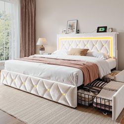 Queen Bed Frame with 4 Storage Drawers and Charging Station,Beige Soft Velvet Adjustable Tall Headboard,900LB-Heavy Duty Metal Support,Sma