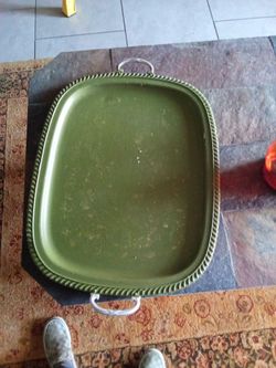 Large Green Metal Serving Tray with Handles